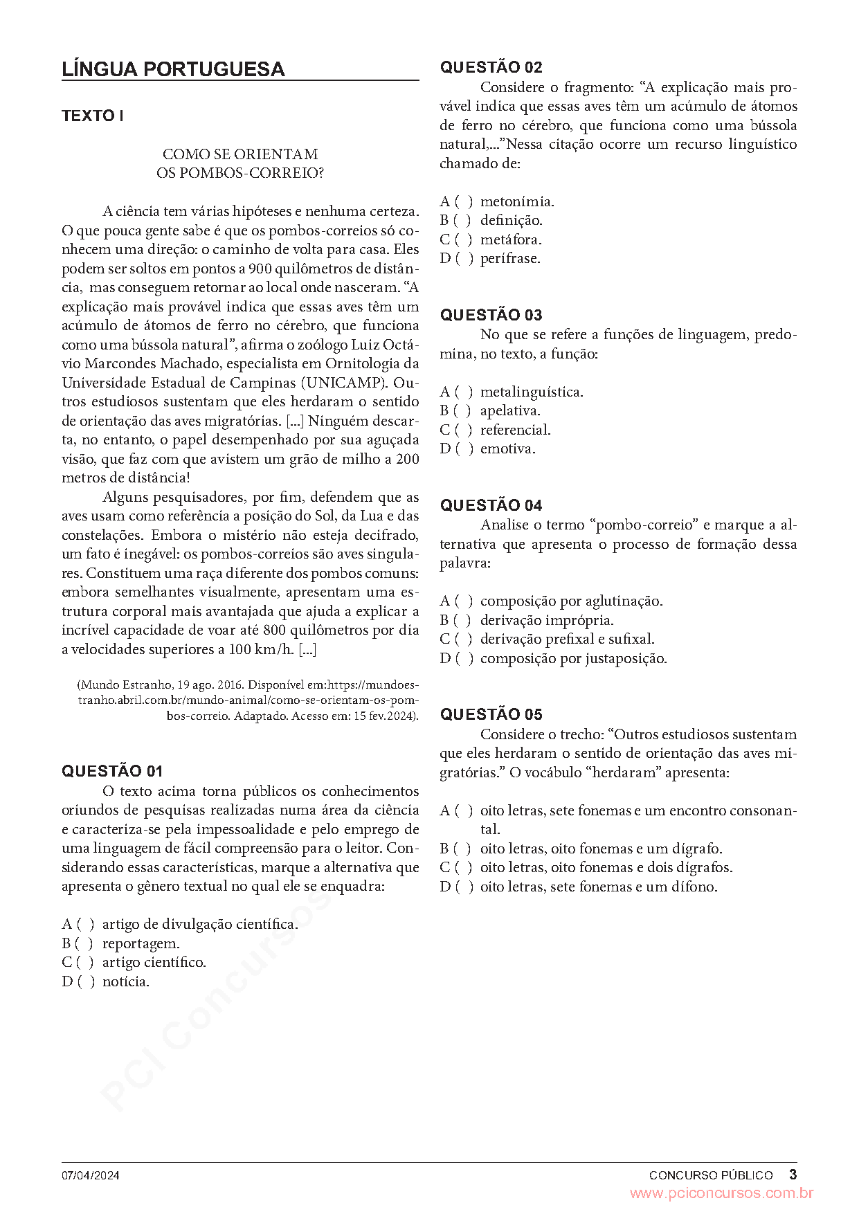 Páginas da prova com o texto ou expressão utilizada na questão 1.