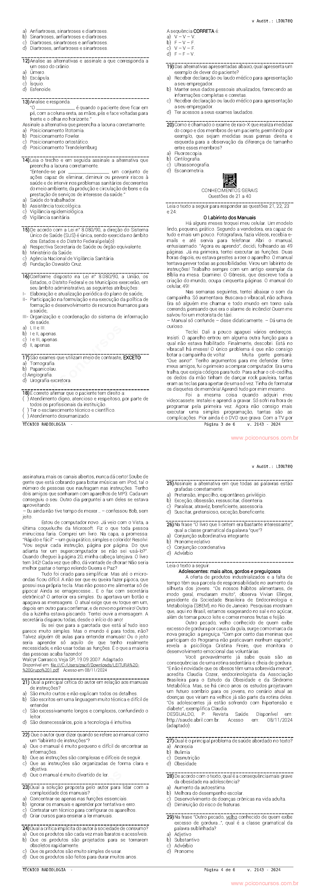Páginas da prova com o texto ou expressão utilizada na questão 21.