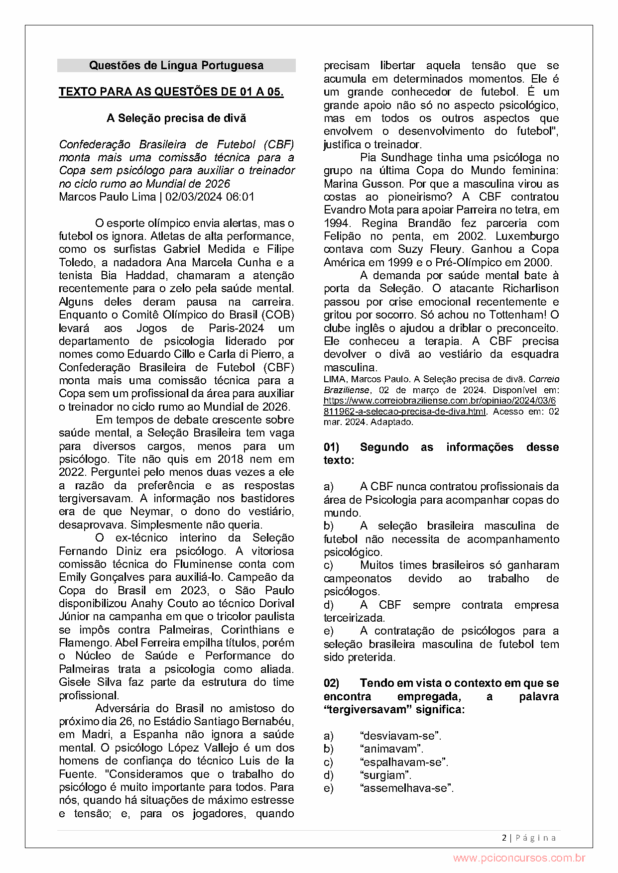 Página da prova com o texto ou apoio visual utilizado na questão 1.
