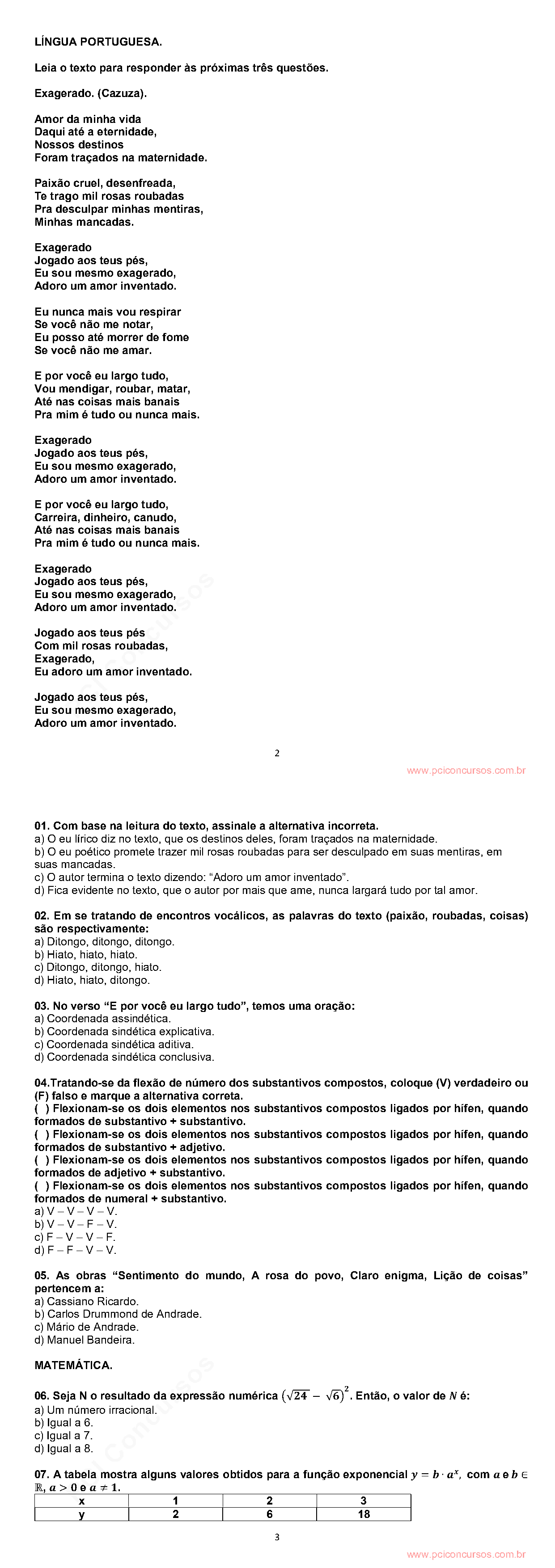 Página da prova com o texto, a expressão ou a imagem utilizada na questão 1.