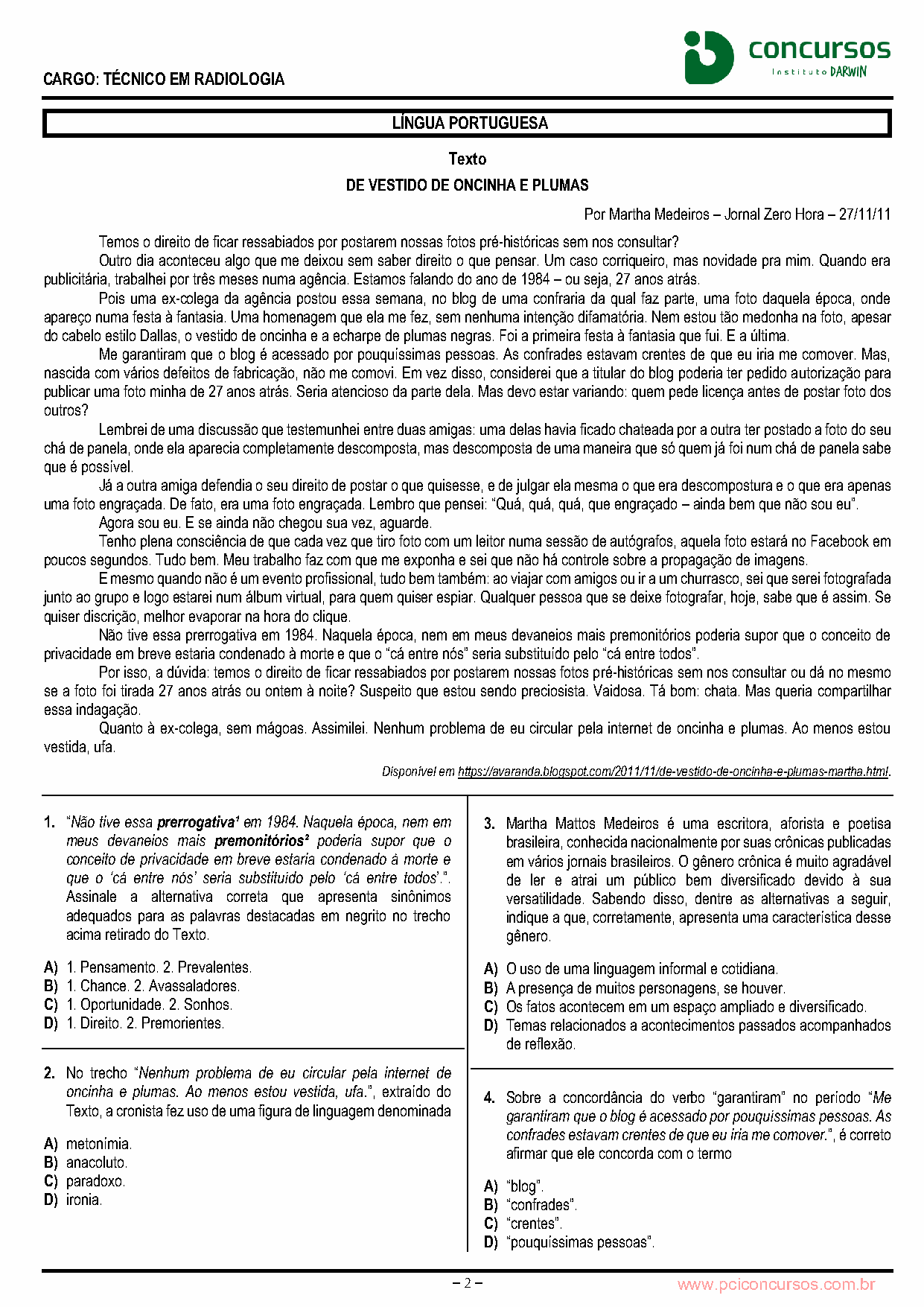 Página da prova com o texto ou apoio visual utilizado na questão 1.