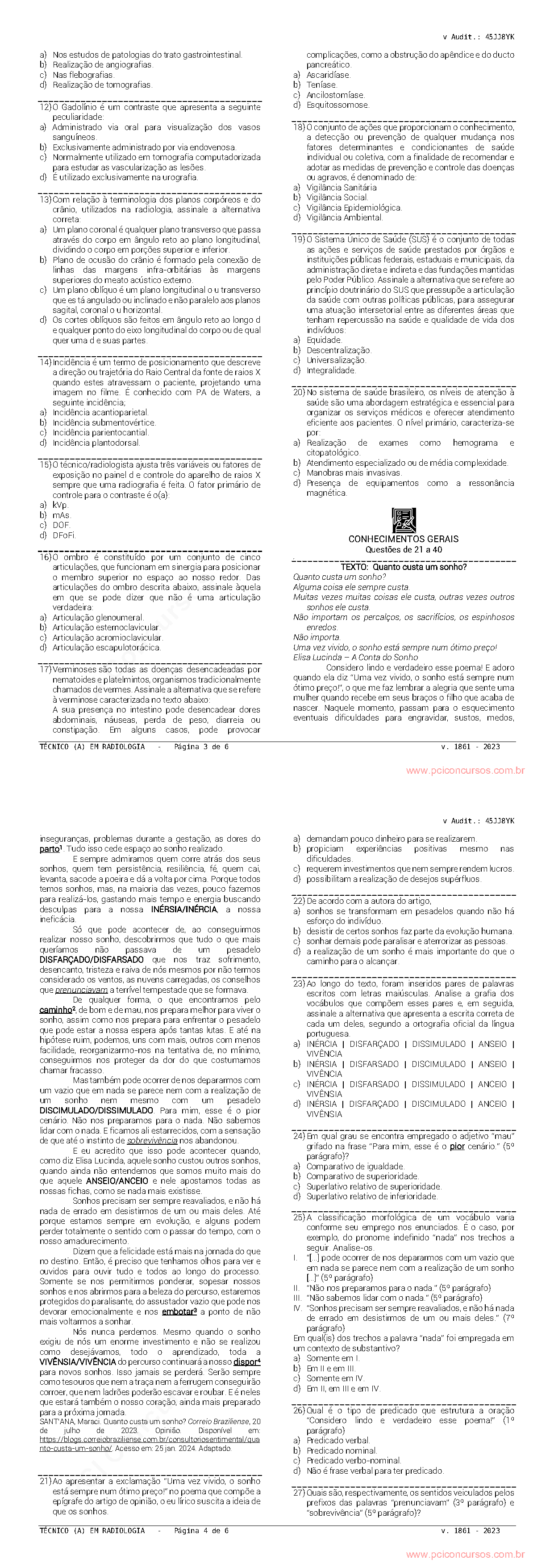Páginas da prova com o texto ou expressão utilizada na questão 21.
