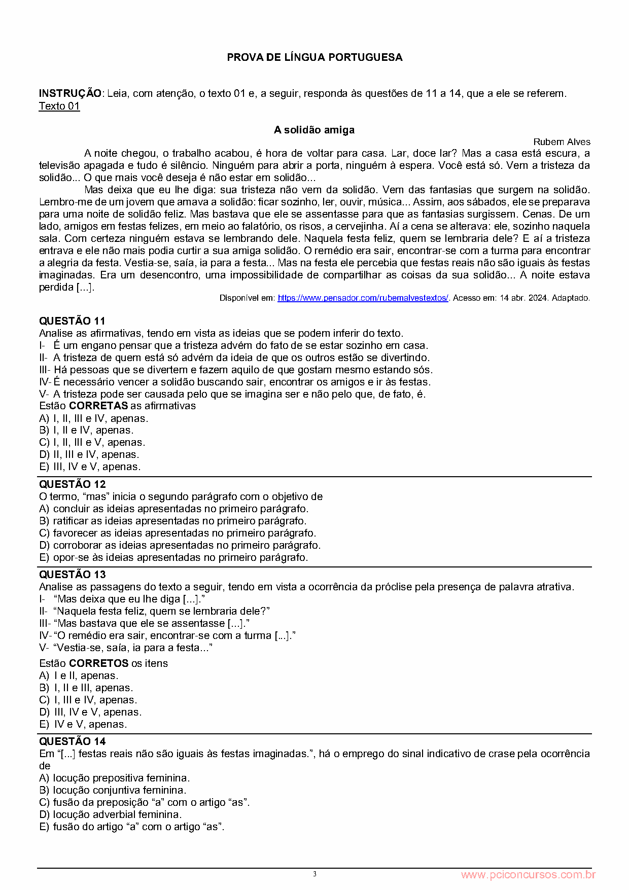 Página da prova com o texto ou apoio visual utilizado na questão 11.