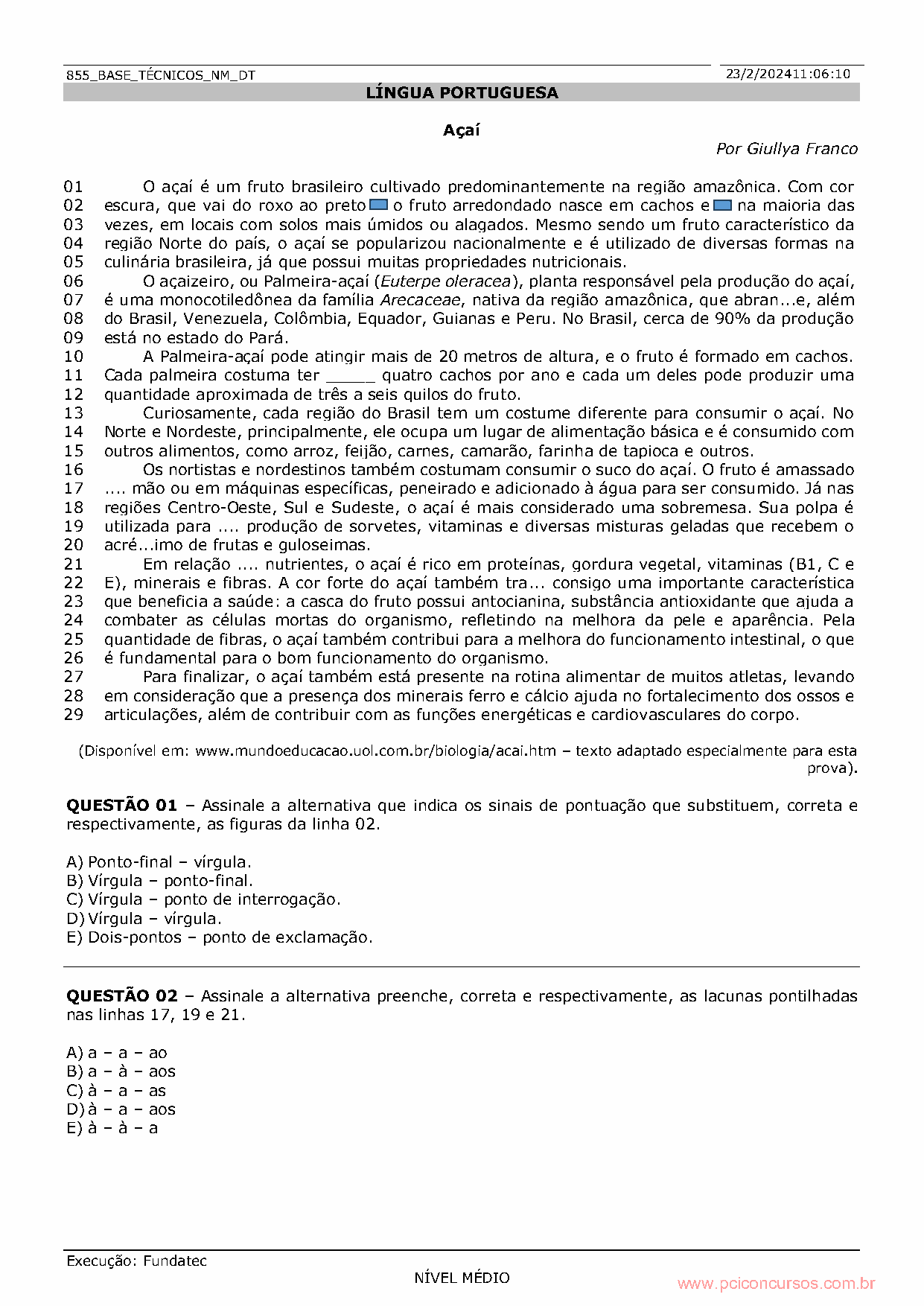 Página da prova com o apoio visual utilizado na questão 1.