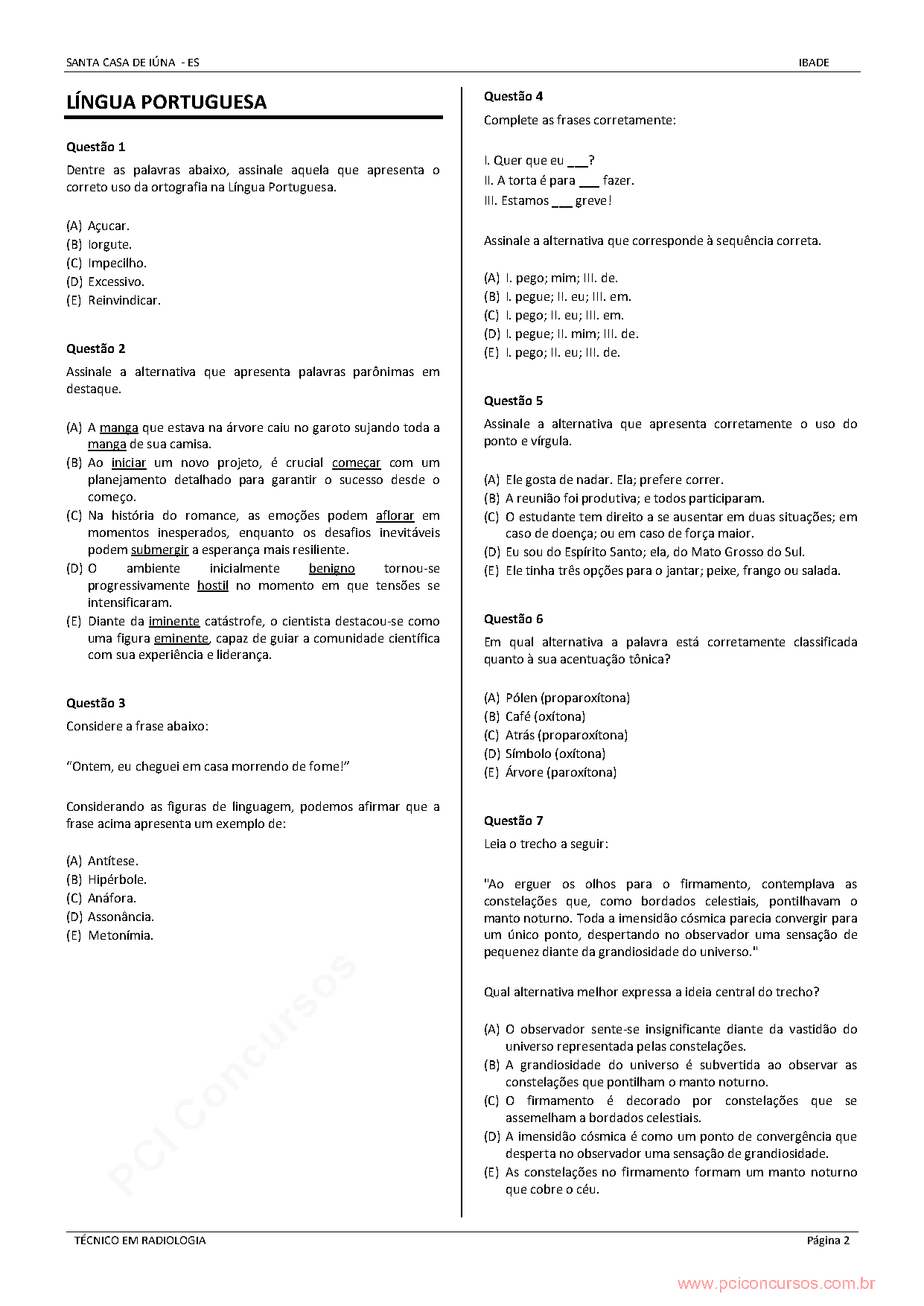 Página da prova com o texto, a expressão ou a imagem utilizada na questão 1.